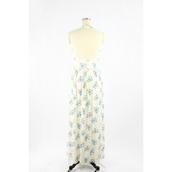 Vintage 70's COLE OF CALIFORNIA Ivory Blue Floral Halter Maxi Dress, Size 14 - Picture 3 of 14
